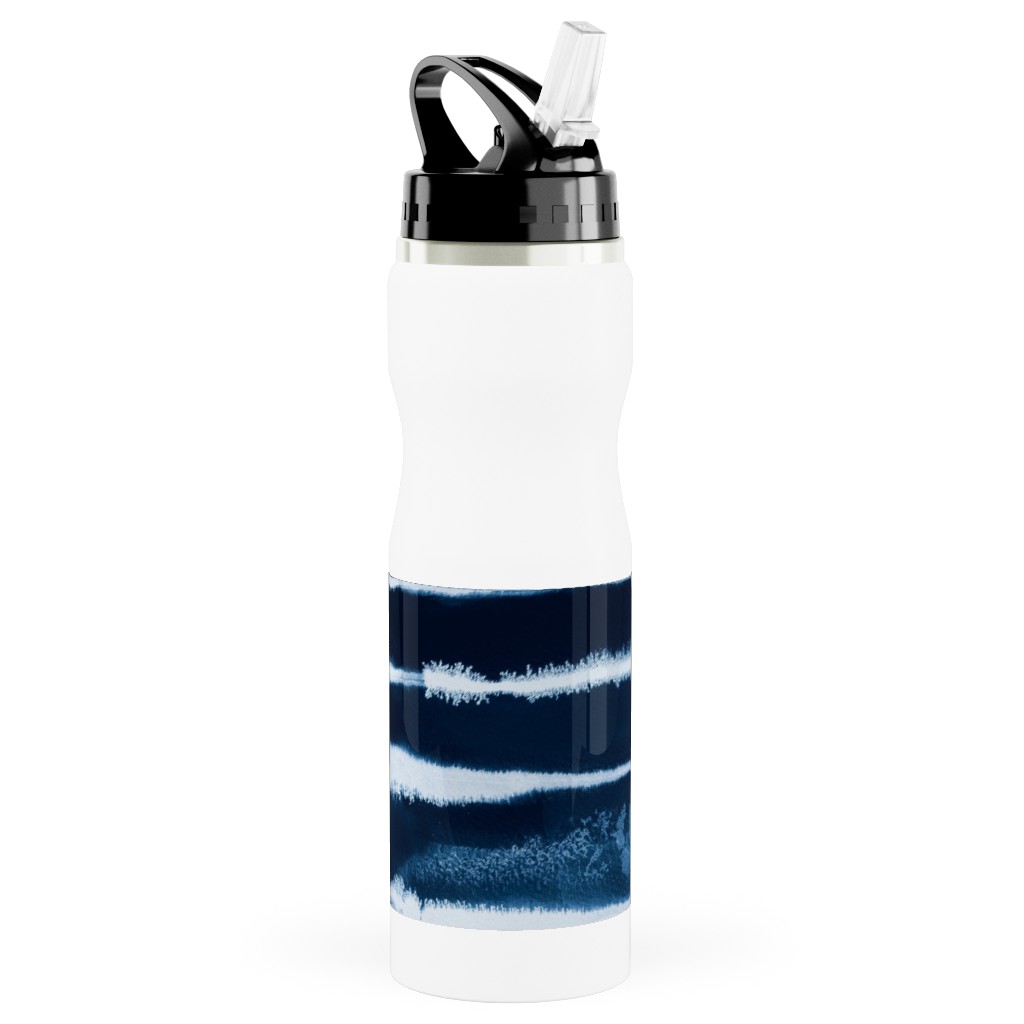 Ikat Watercolor Stripes - Navy Stainless Steel Water Bottle with Straw, 25oz, With Straw, Blue