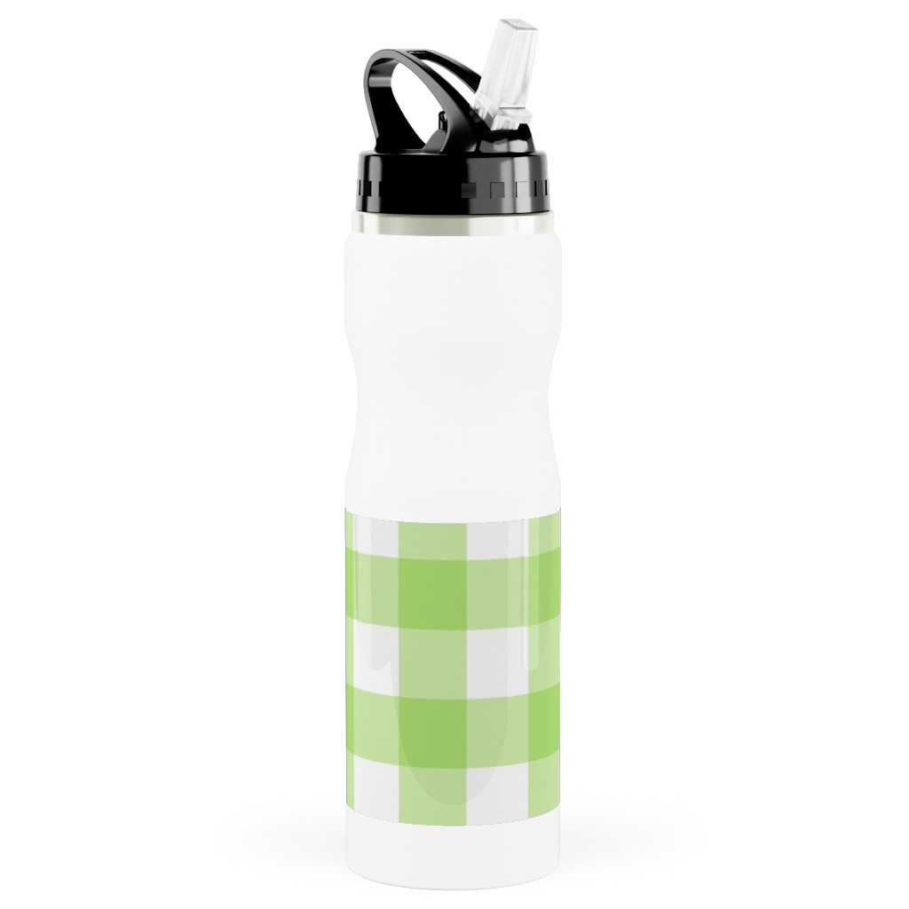 Gingham Checks Stainless Steel Water Bottle with Straw, 25oz, With Straw, Green, Pear