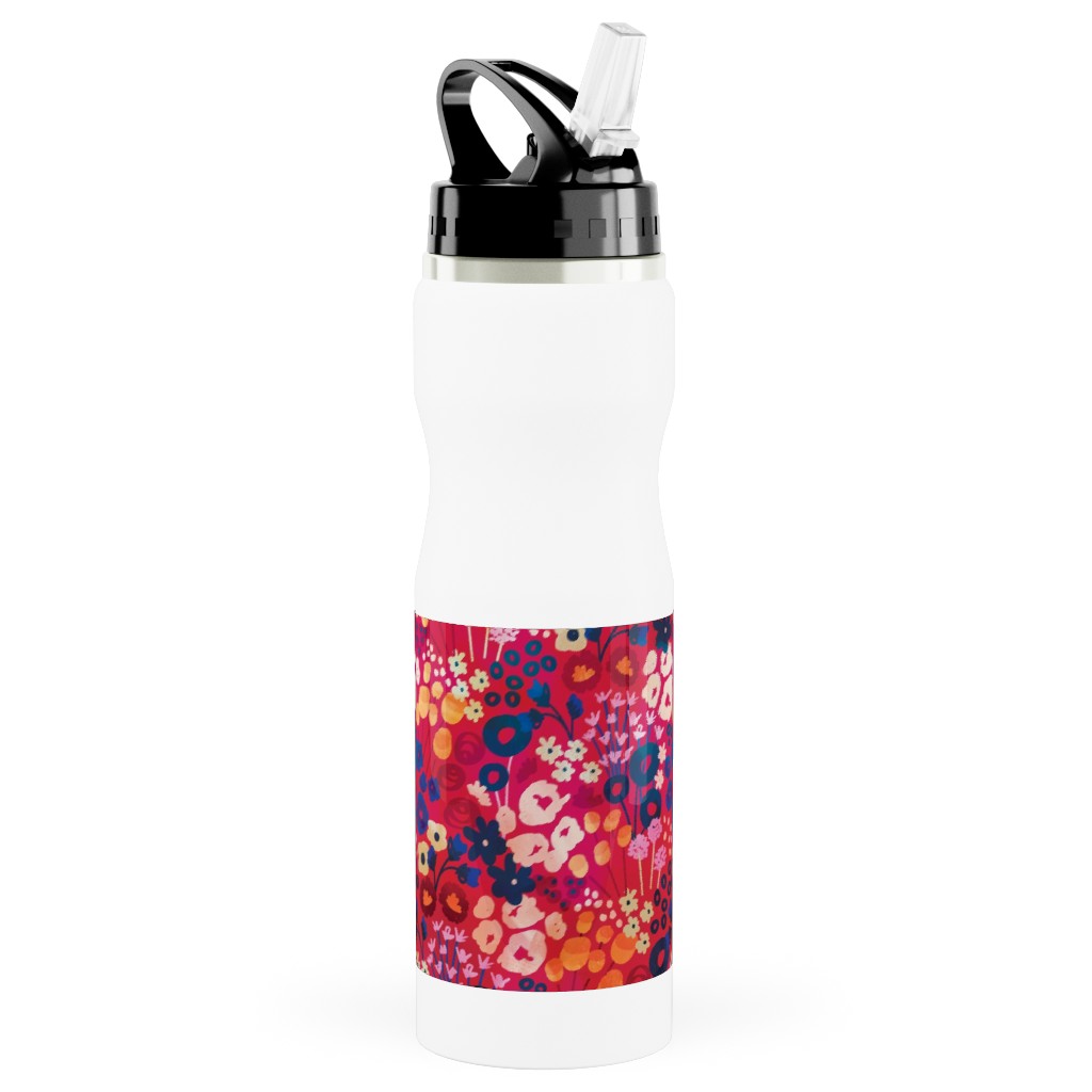 Modern Retro Floral - Multi Stainless Steel Water Bottle with Straw, 25oz, With Straw, Multicolor