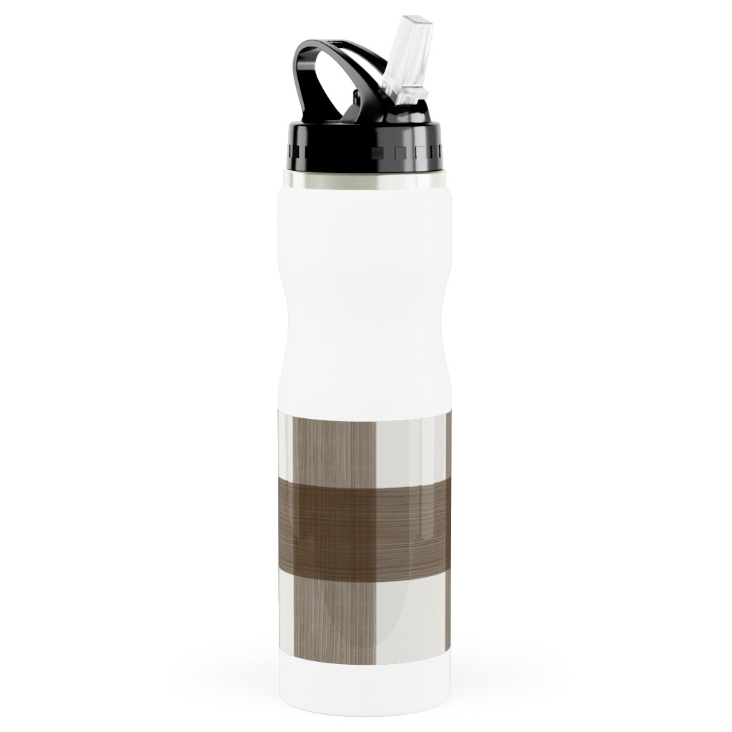 Cross Hatch Plaid Stainless Steel Water Bottle with Straw, 25oz, With Straw, Brown