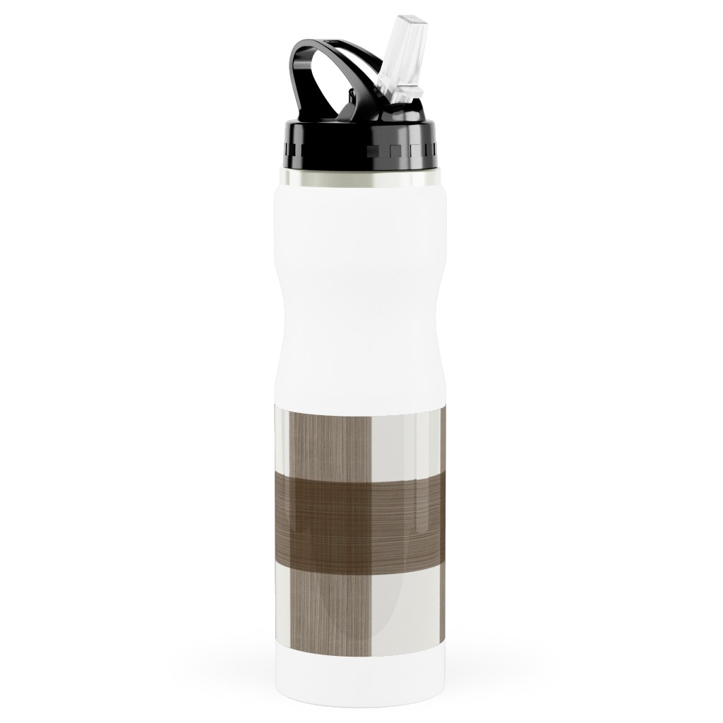 Cross Hatch Plaid Stainless Steel Water Bottle with Straw, 25oz, With Straw, Brown, Granite