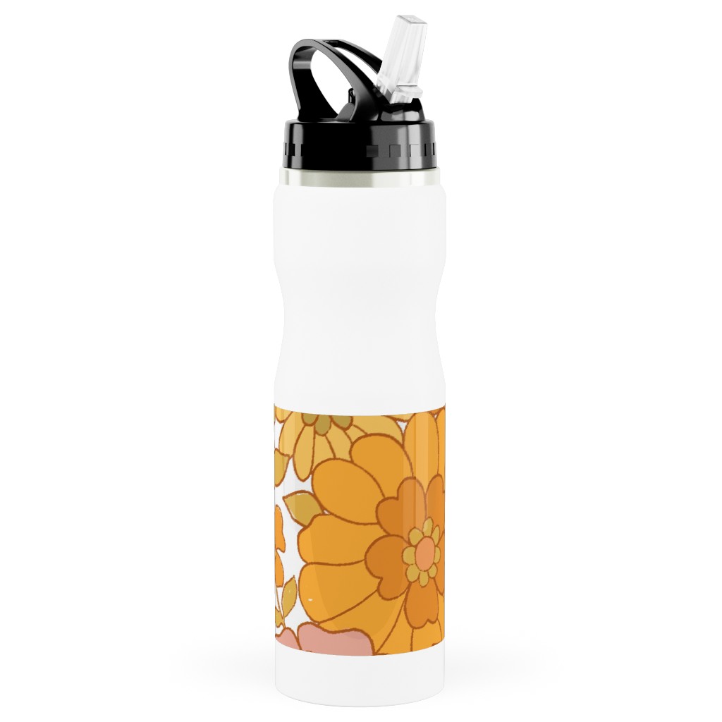 Avery Retro Floral Stainless Steel Water Bottle with Straw, 25oz, With Straw, Orange