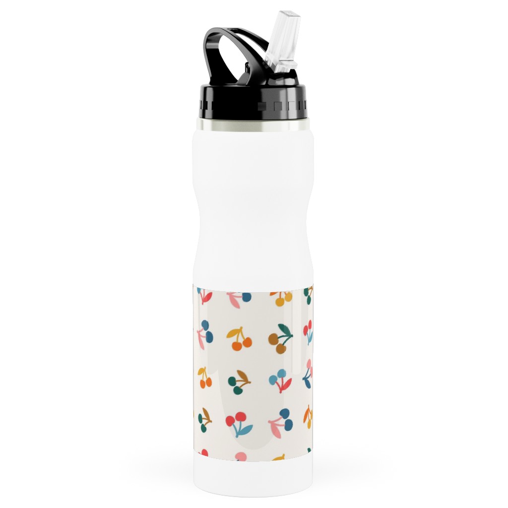 Colored Cherries - Earthy Stainless Steel Water Bottle with Straw, 25oz, With Straw, Beige
