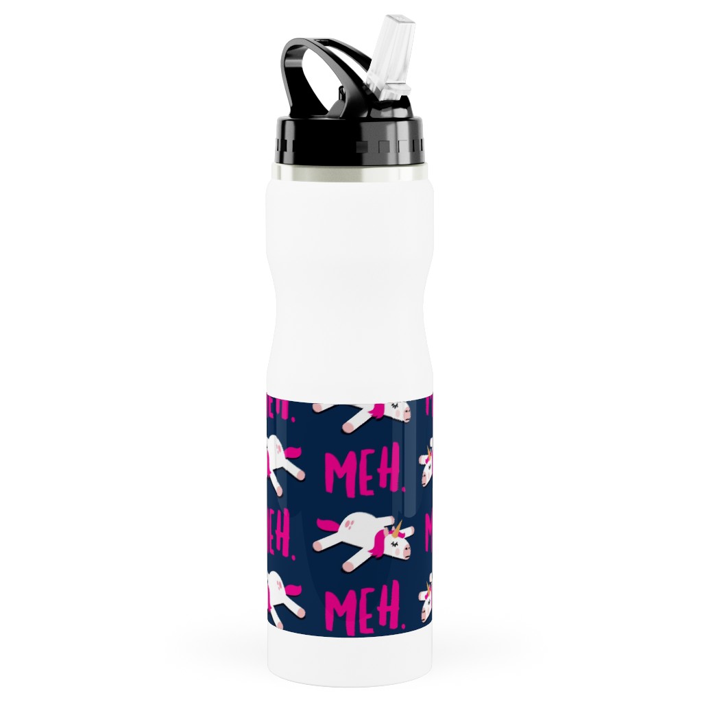 Meh - Splooting Unicorns - Pink on Navy Stainless Steel Water Bottle with Straw, 25oz, With Straw, Pink, Bright Pink