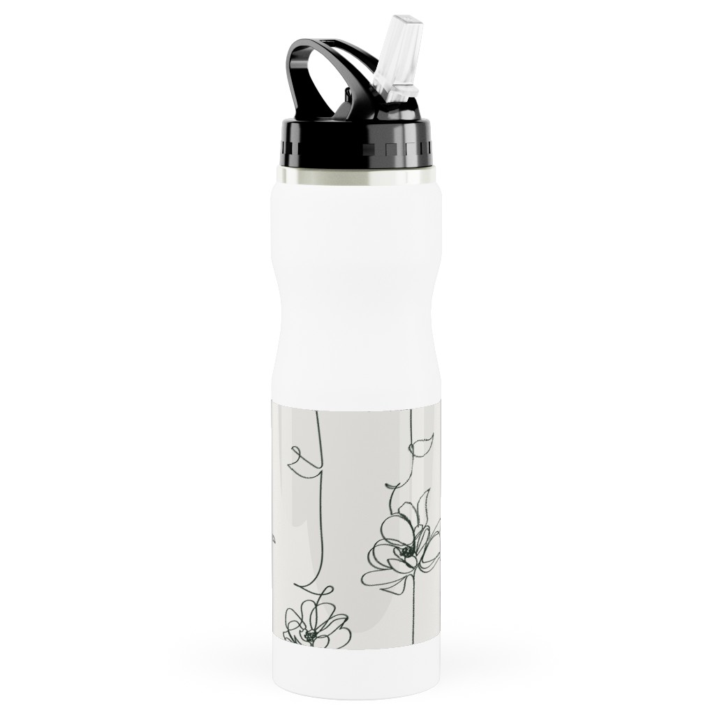One Line Floral - Light Stainless Steel Water Bottle with Straw, 25oz, With Straw, White