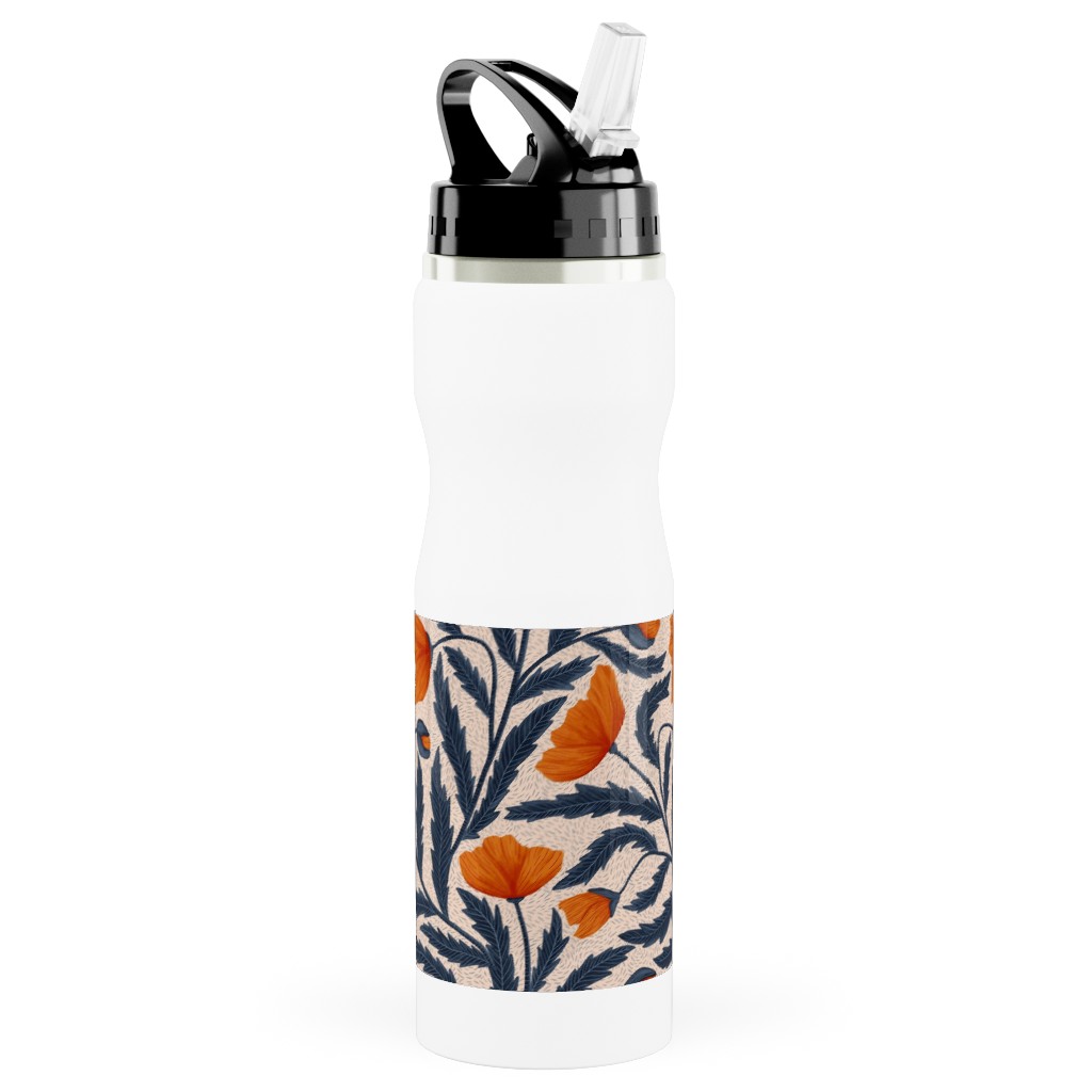 Poppy Flower - Blue and Orange Stainless Steel Water Bottle with Straw, 25oz, With Straw, Blue, True Blue
