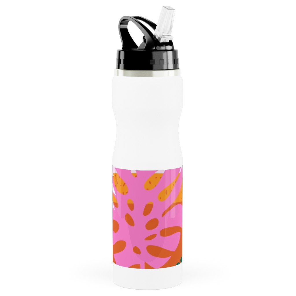 Palm Leaves Patchwork Summer Collage - Multi Stainless Steel Water Bottle with Straw, 25oz, With Straw, Multicolor
