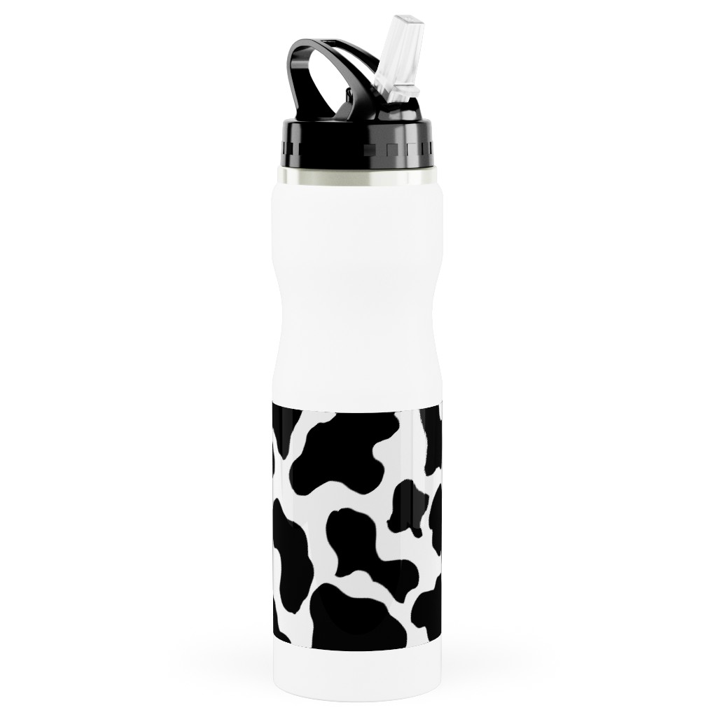 Cow Print Black and White Stainless Steel Water Bottle with Straw