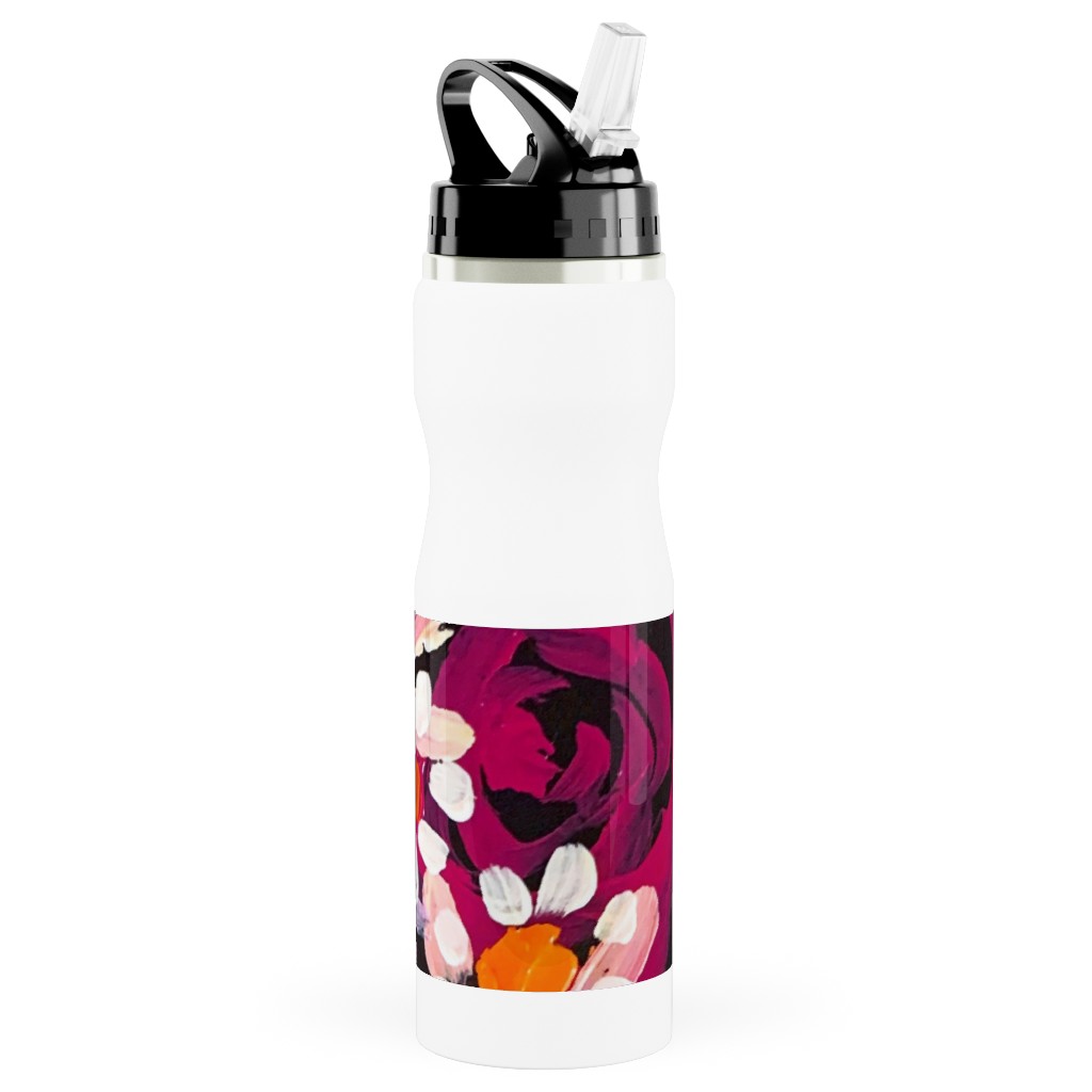Summer Soiree Floral - Black Stainless Steel Water Bottle with Straw, 25oz, With Straw, Multicolor