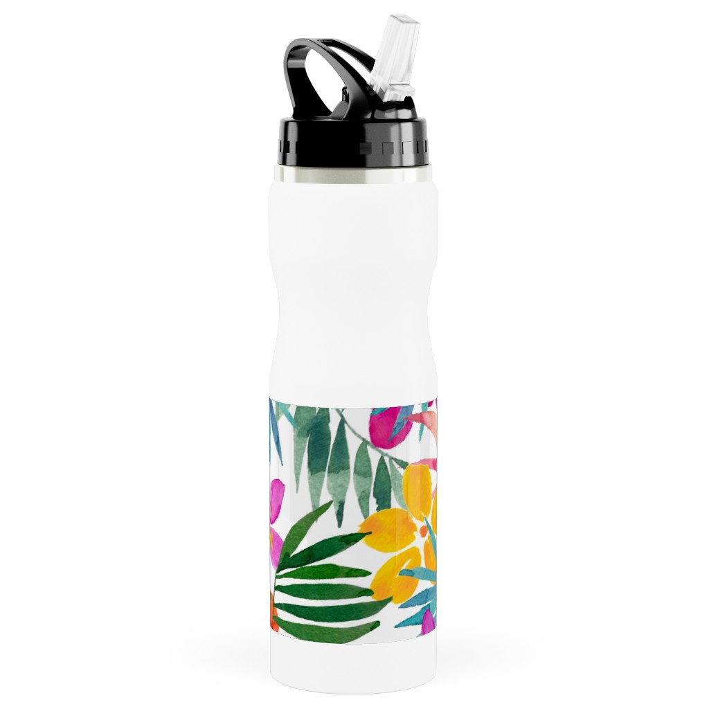 Watercolor Tropical Vibes - Multi Stainless Steel Water Bottle with Straw, 25oz, With Straw, Multicolor