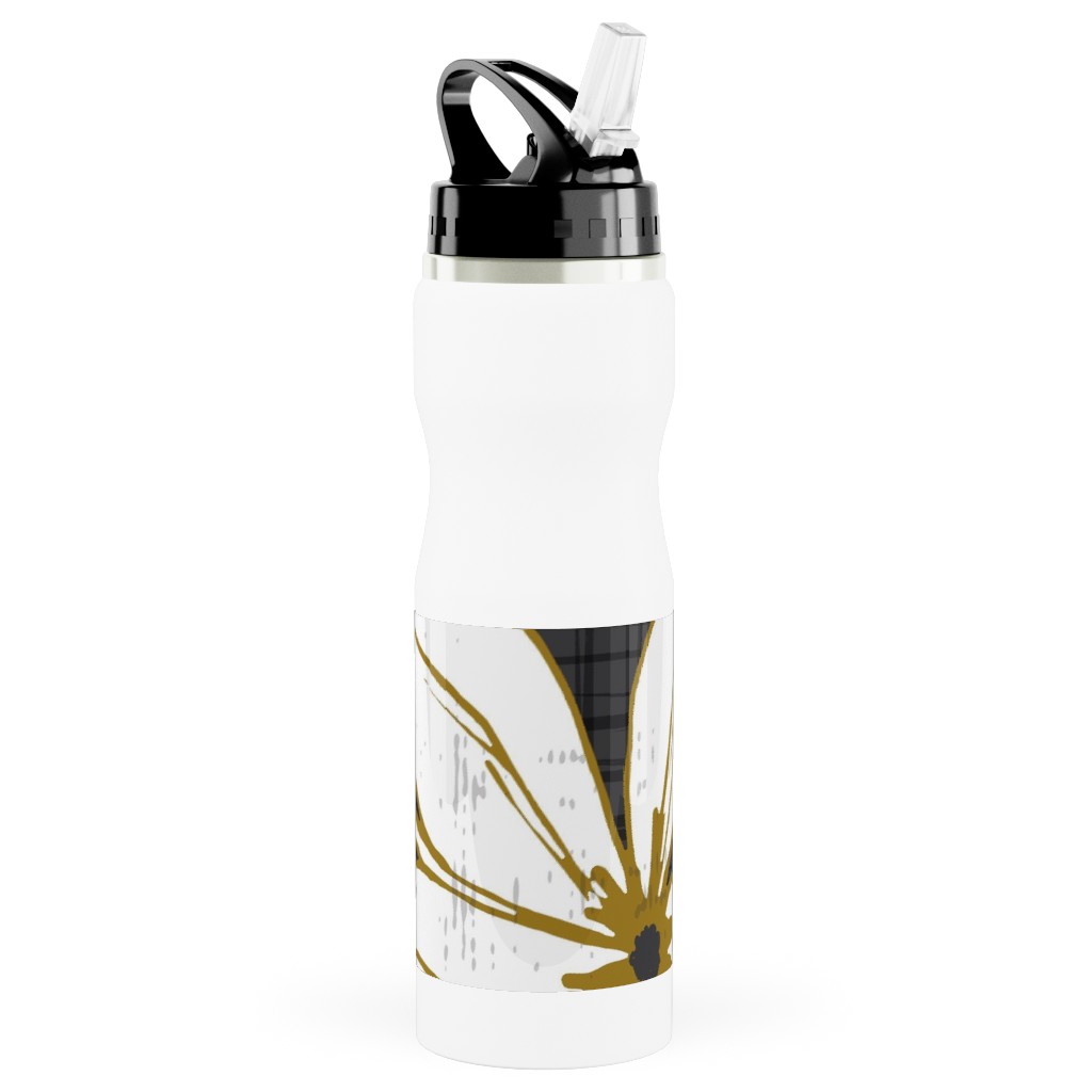 Lilium - Floral - Charcoal Black & White Stainless Steel Water Bottle with Straw, 25oz, With Straw, Black
