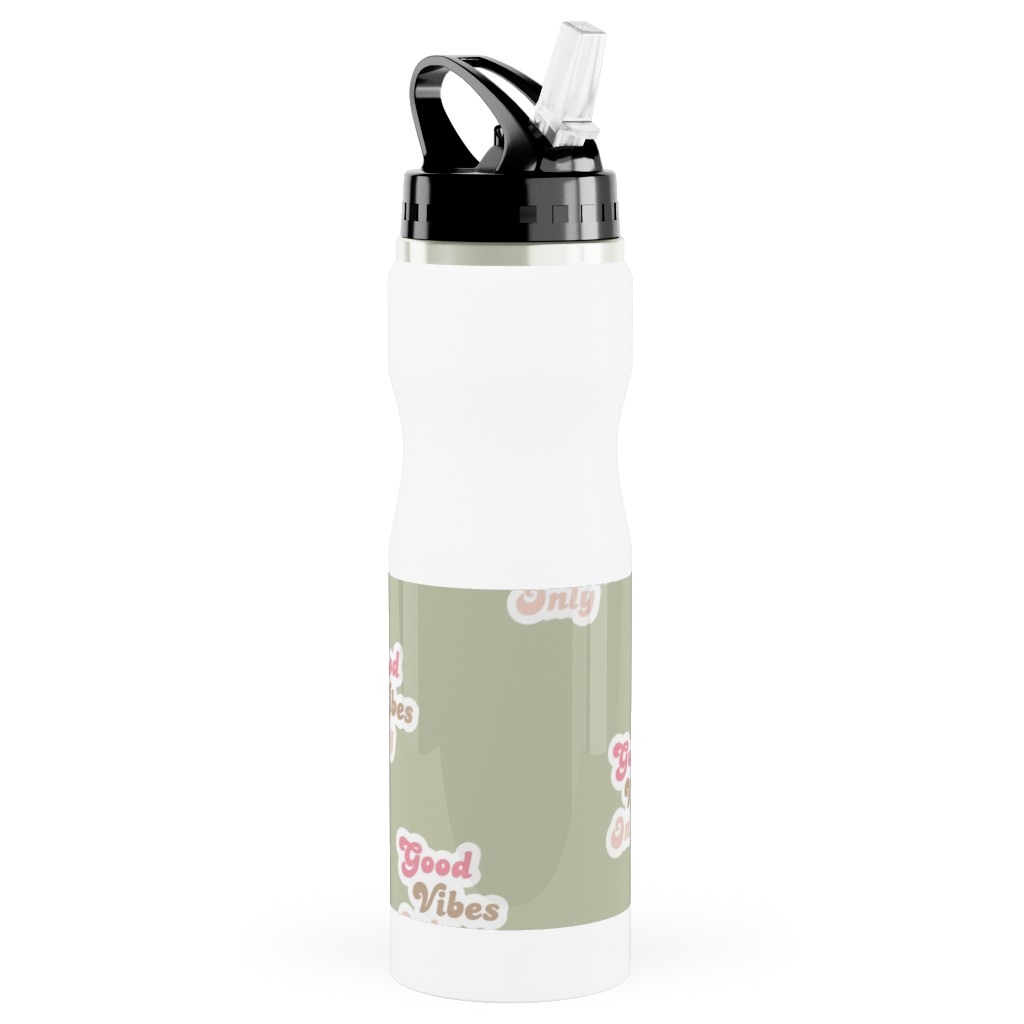 Seventies Retro Good Vibes Only Stainless Steel Water Bottle with Straw, 25oz, With Straw, Green, Willow