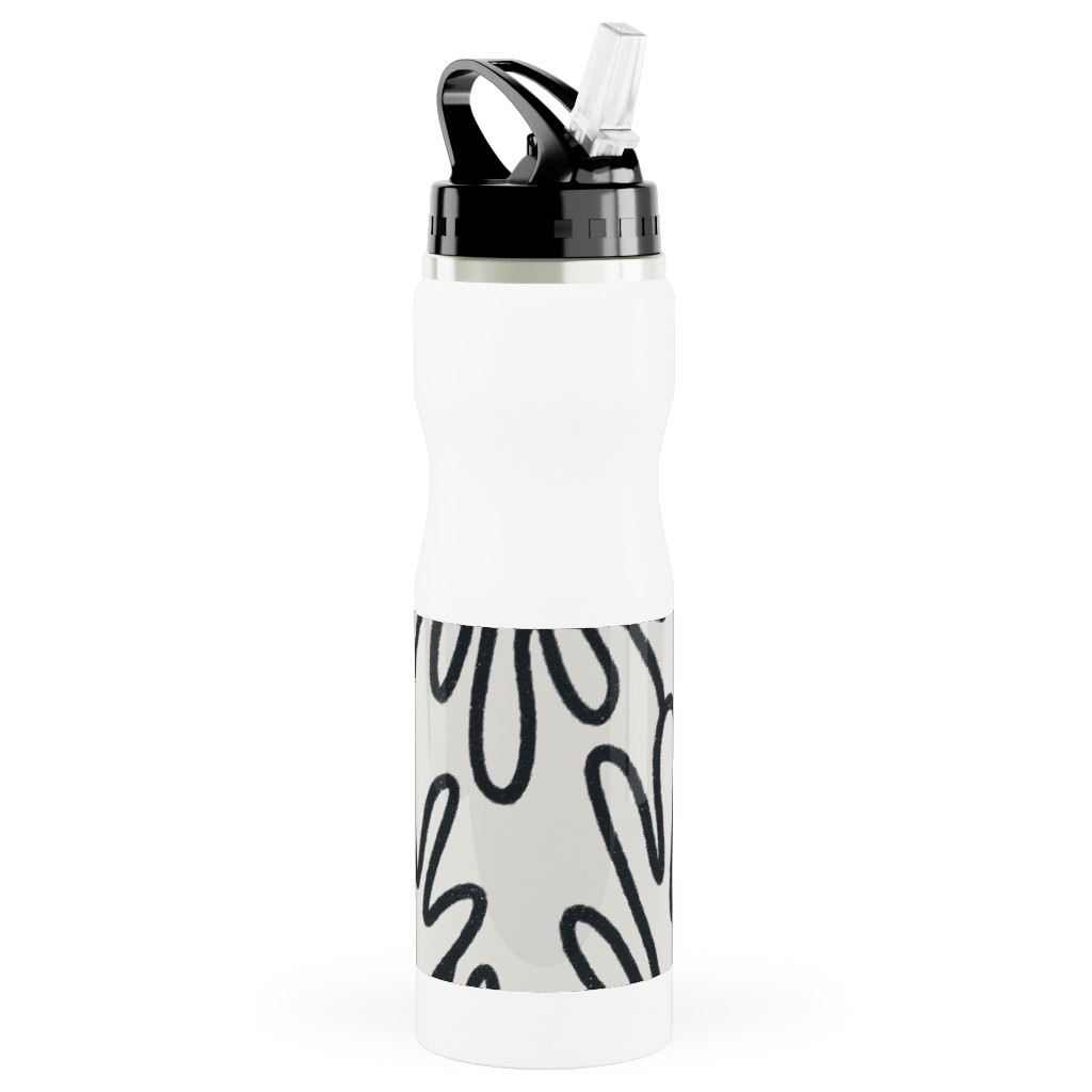 Wavy Lines - Black on White Stainless Steel Water Bottle with Straw, 25oz, With Straw, White