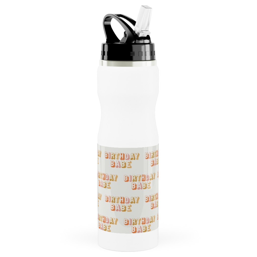 Birthday Babe - Cute Retro Letters - Neutral Stainless Steel Water Bottle with Straw, 25oz, With Straw, Yellow