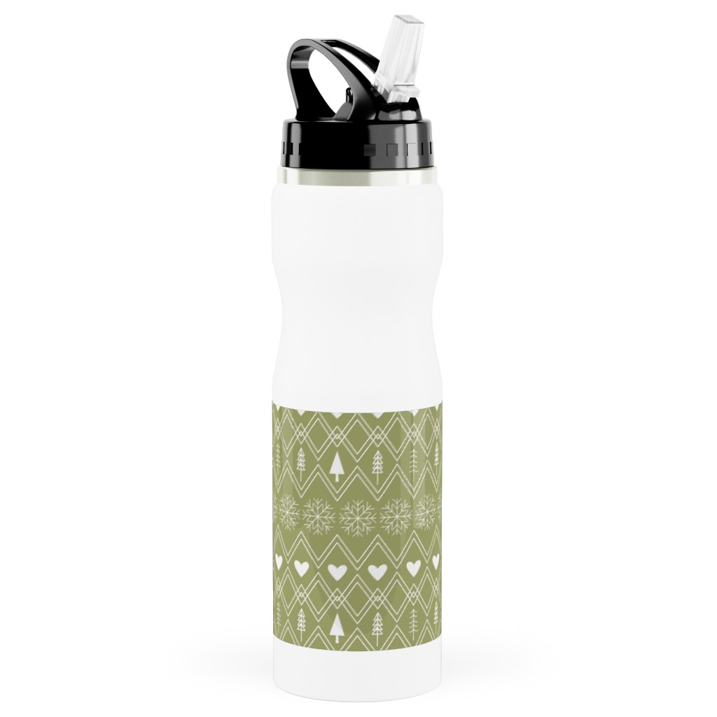 Fair Isle - Green Stainless Steel Water Bottle with Straw, 25oz, With Straw, Green