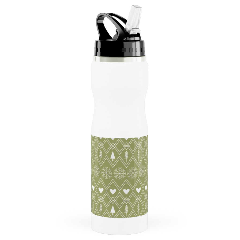 Fair Isle - Green Stainless Steel Water Bottle with Straw, 25oz, With Straw, Green, Classic Green