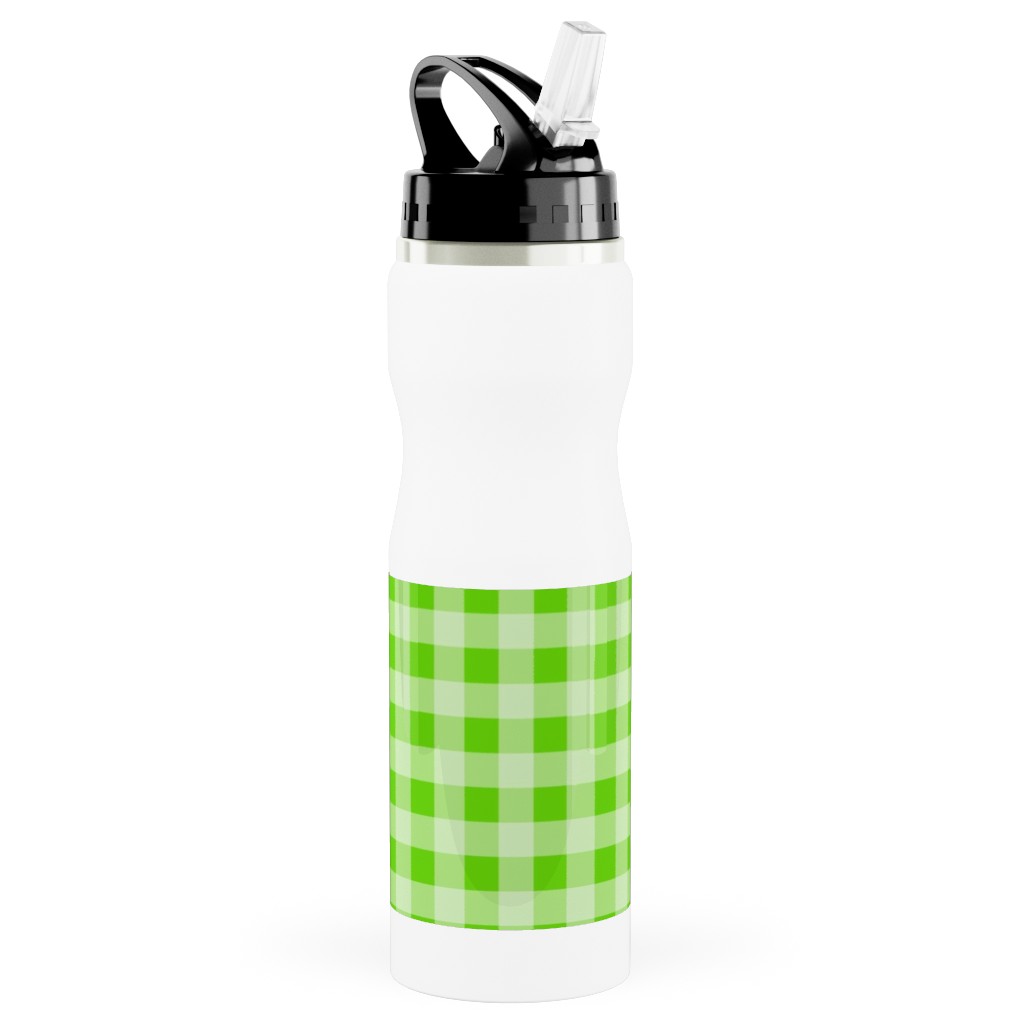 Gingham Checker - Green Stainless Steel Water Bottle with Straw, 25oz, With Straw, Green, Classic Green