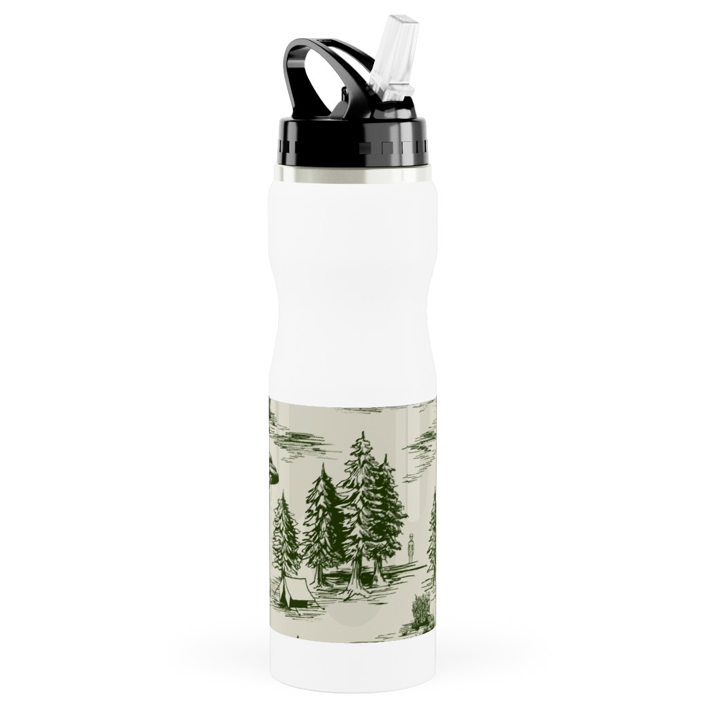Alien Abduction Toile De Jouy - Forest Green & Cream Stainless Steel Water Bottle with Straw, 25oz, With Straw, Green