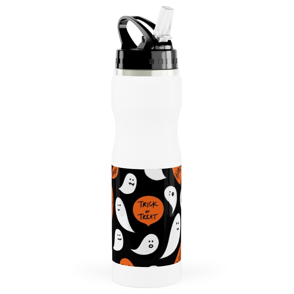 Halloween Ghosts Happy Halloween Stainless Steel Water Bottle with Straw, 25oz, With Straw, Black