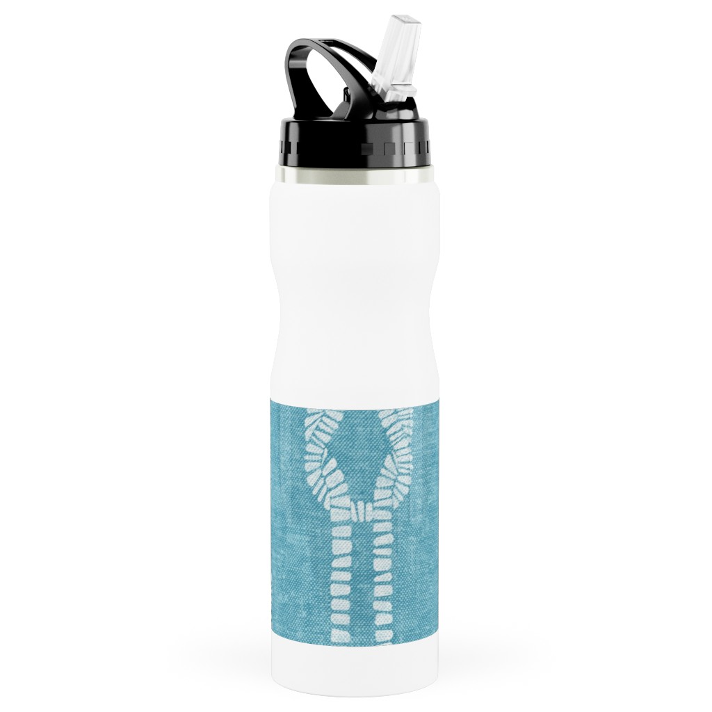 Nautical Coastal Square Rope Knots - Summer Blue Stainless Steel Water Bottle with Straw, 25oz, With Straw, Blue