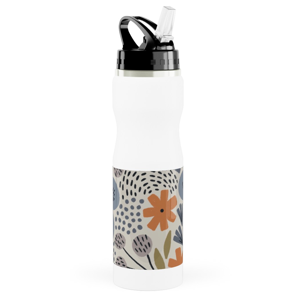 Phyllis Floral - Orange and Blue Stainless Steel Water Bottle with Straw, 25oz, With Straw, Multicolor