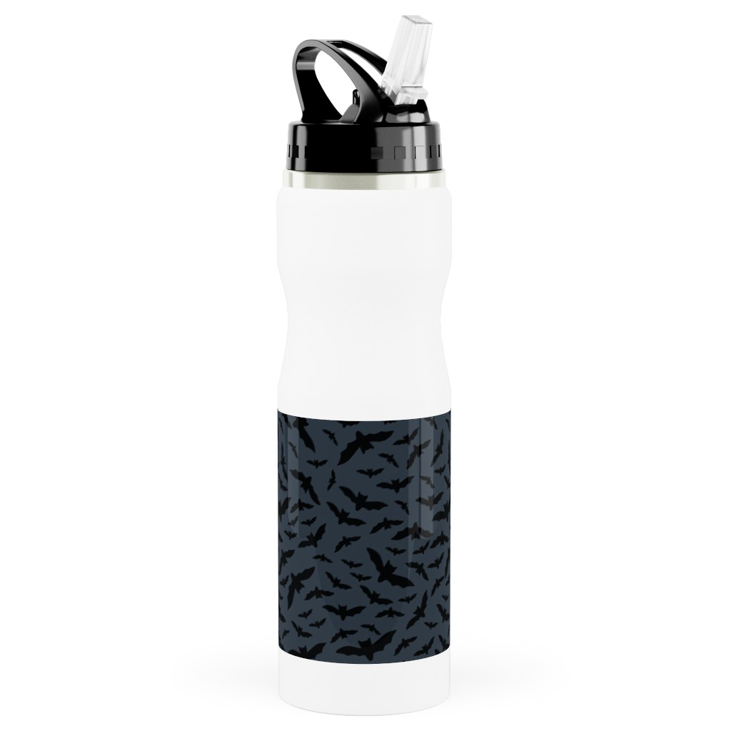 Halloween Black Bats Stainless Steel Water Bottle with Straw, 25oz, With Straw, Black