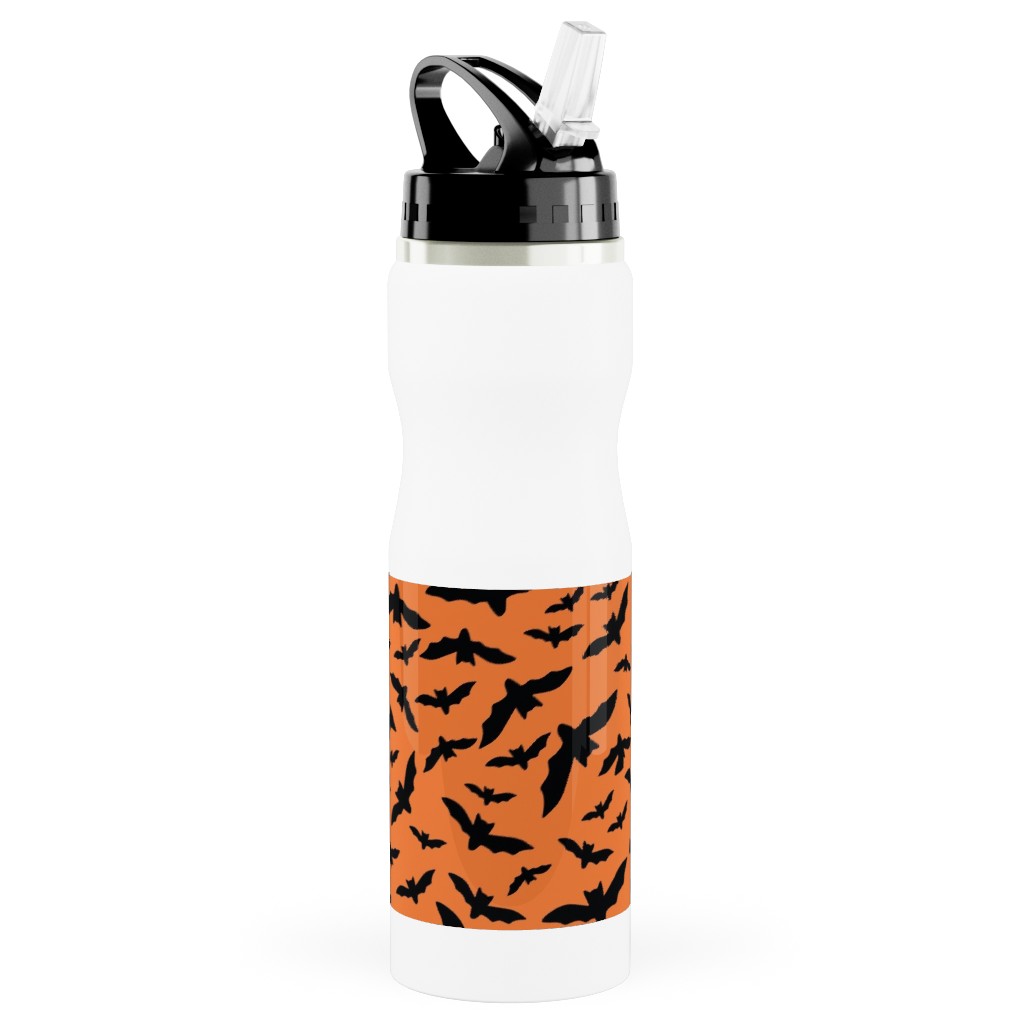 Halloween Black Bats Stainless Steel Water Bottle with Straw, 25oz, With Straw, Orange