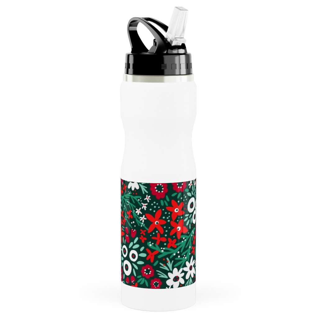 Rustic Floral - Holiday Red and Green Stainless Steel Water Bottle with Straw, 25oz, With Straw, Green