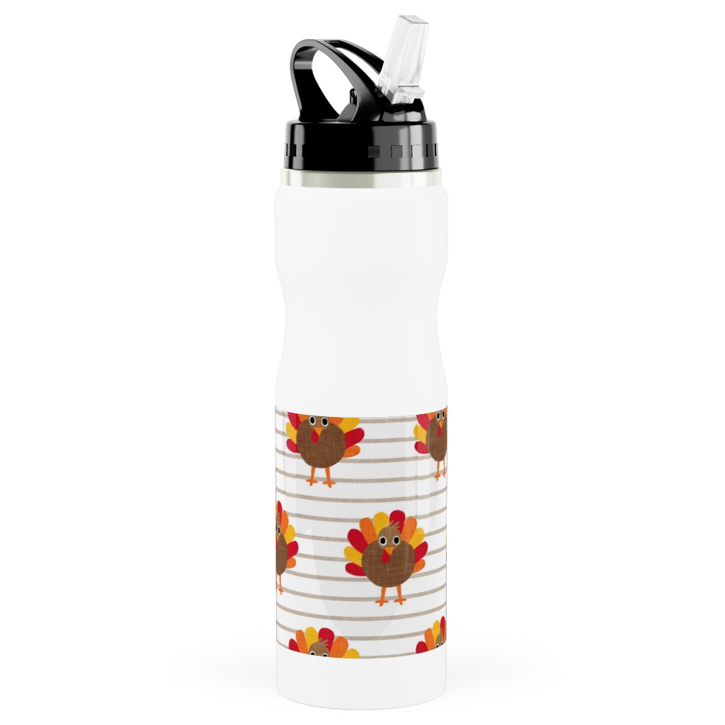 Cute Thanksgiving Turkey - on Khaki Stripes Stainless Steel Water Bottle with Straw, 25oz, With Straw, Orange