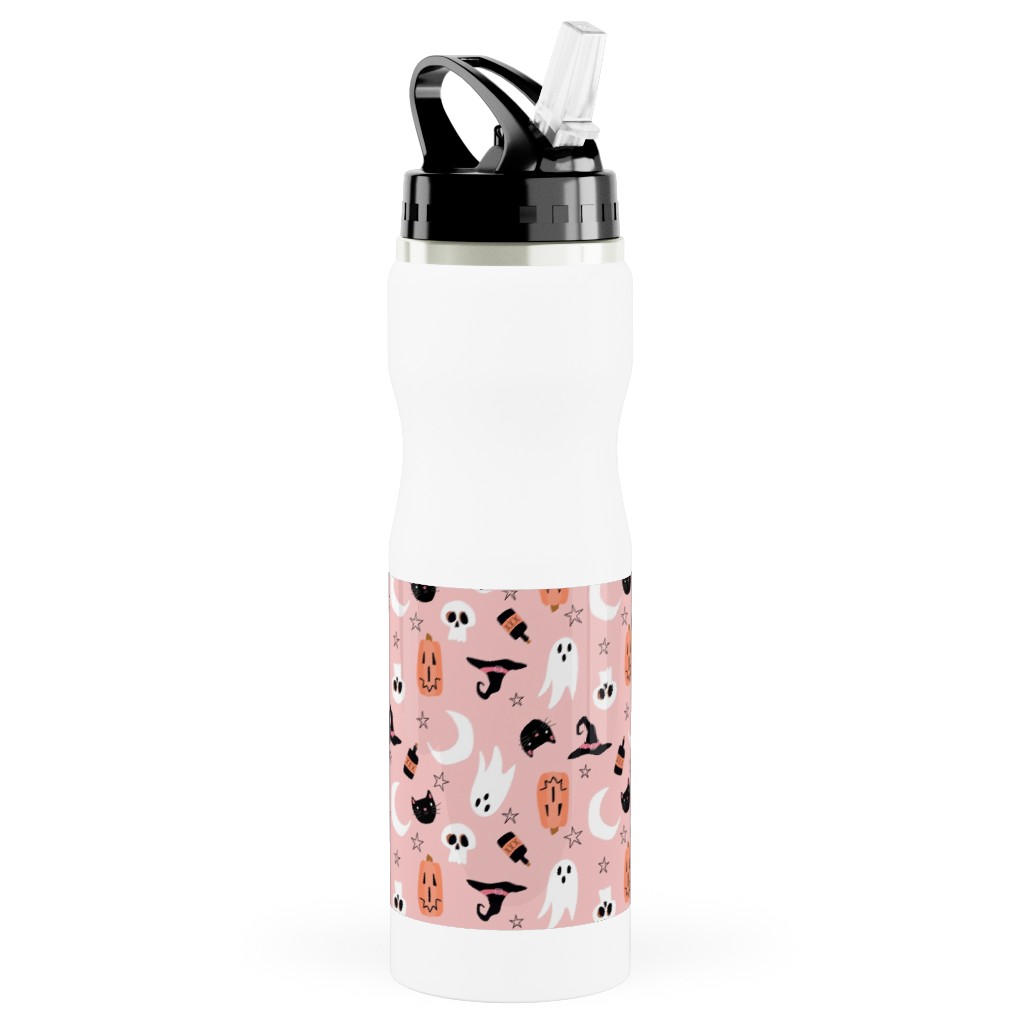 Sweet Halloween - Pumpkin, Witch, Ghost, & Cat - Pink Stainless Steel Water Bottle with Straw, 25oz, With Straw, Pink