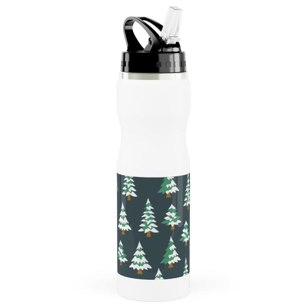 Winter Village Trees With Snow - Dark Stainless Steel Water Bottle with Straw, 25oz, With Straw, Green, Classic Green