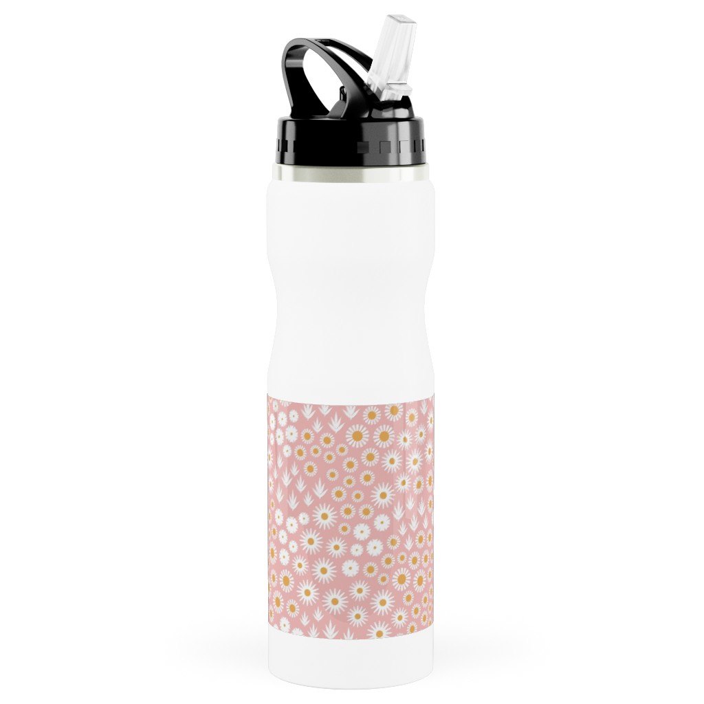 Ditsy Flowers - Pink Stainless Steel Water Bottle with Straw, 25oz, With Straw, Pink