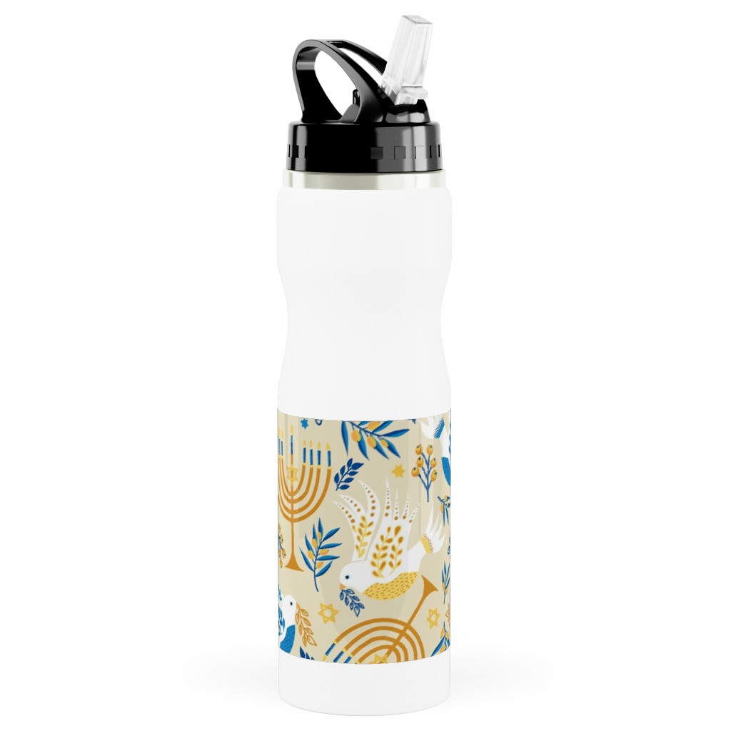 Hanukkah Birds Menorahs - Yellow Stainless Steel Water Bottle with Straw, 25oz, With Straw, Yellow