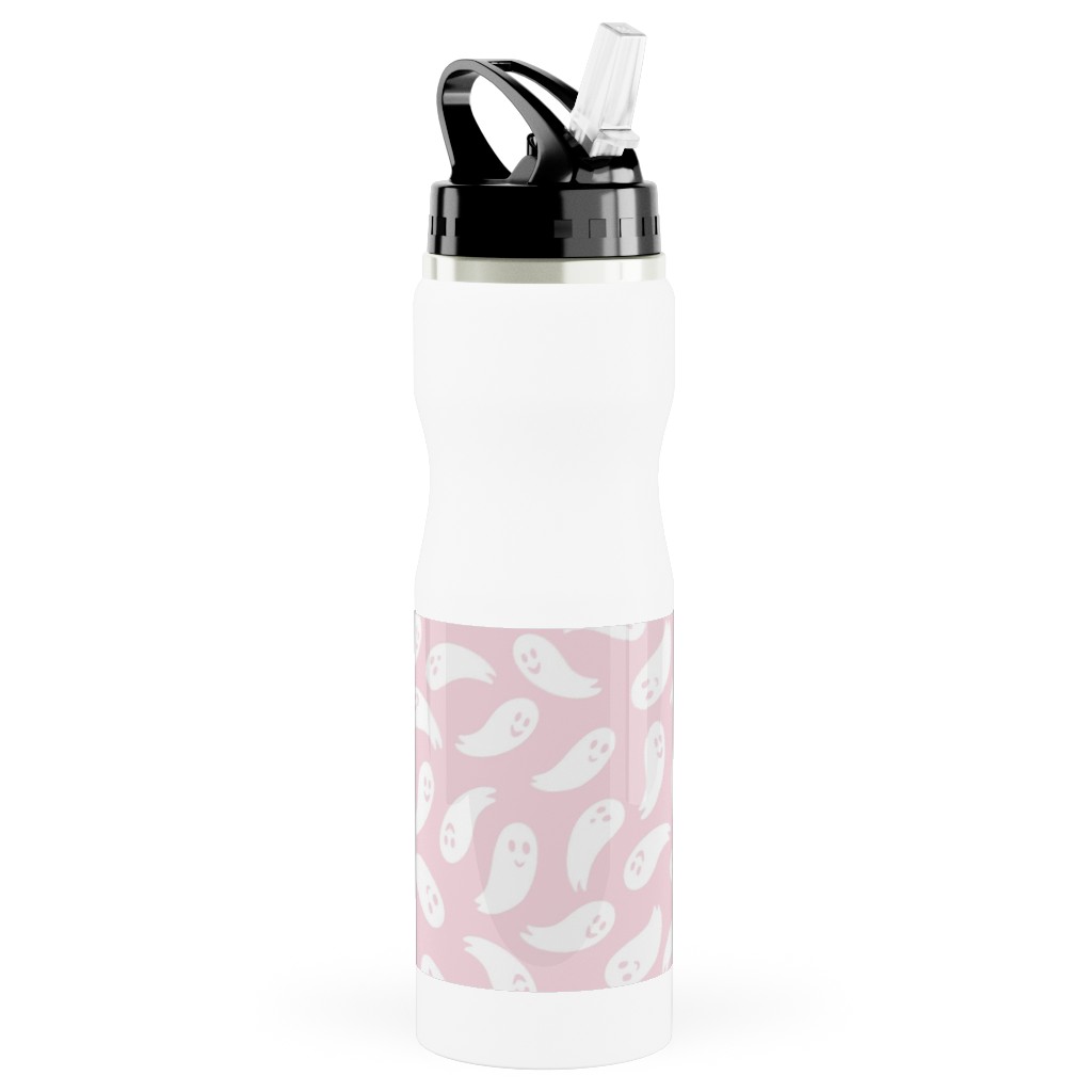 Happy Ghosts - Pink Stainless Steel Water Bottle with Straw, 25oz, With Straw, Pink, Bright Pink