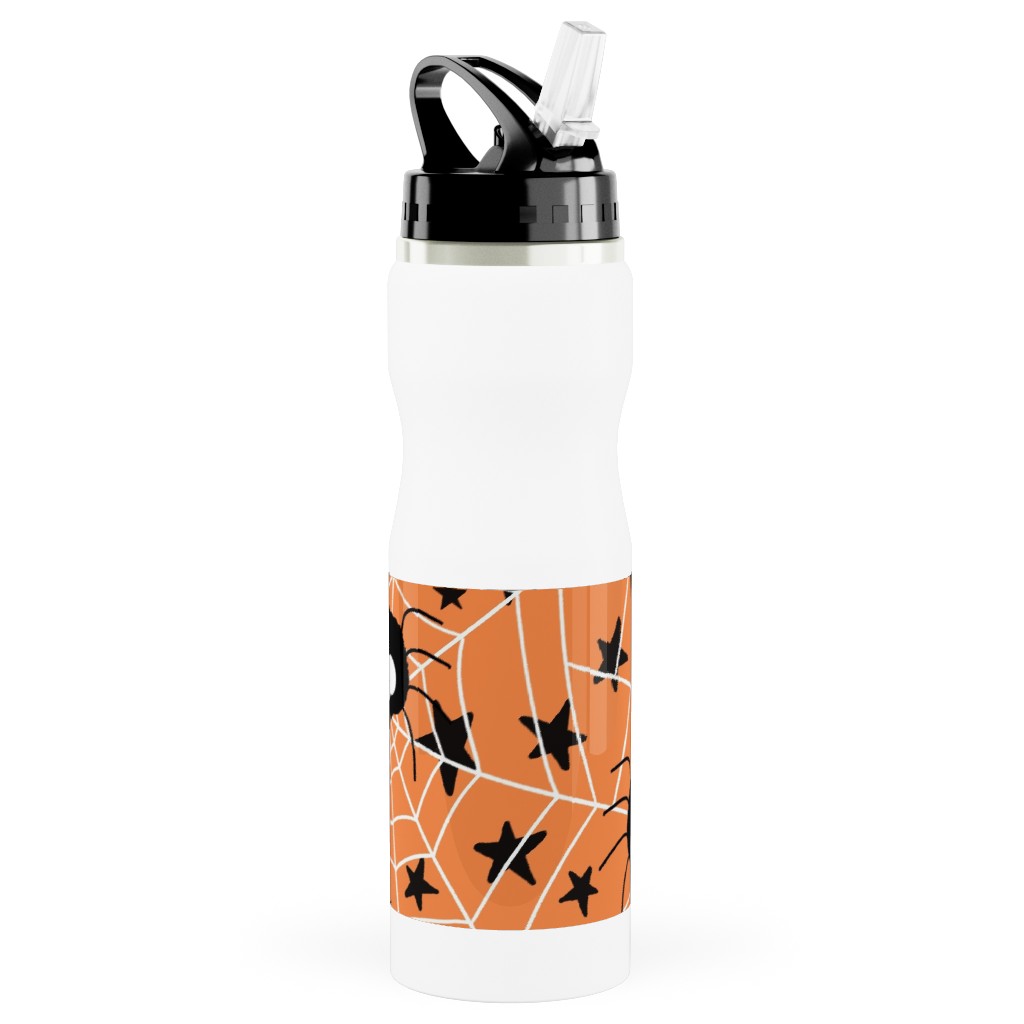 Cute Hand-Drawn Spider Halloween - Orange Stainless Steel Water Bottle with Straw, 25oz, With Straw, Orange