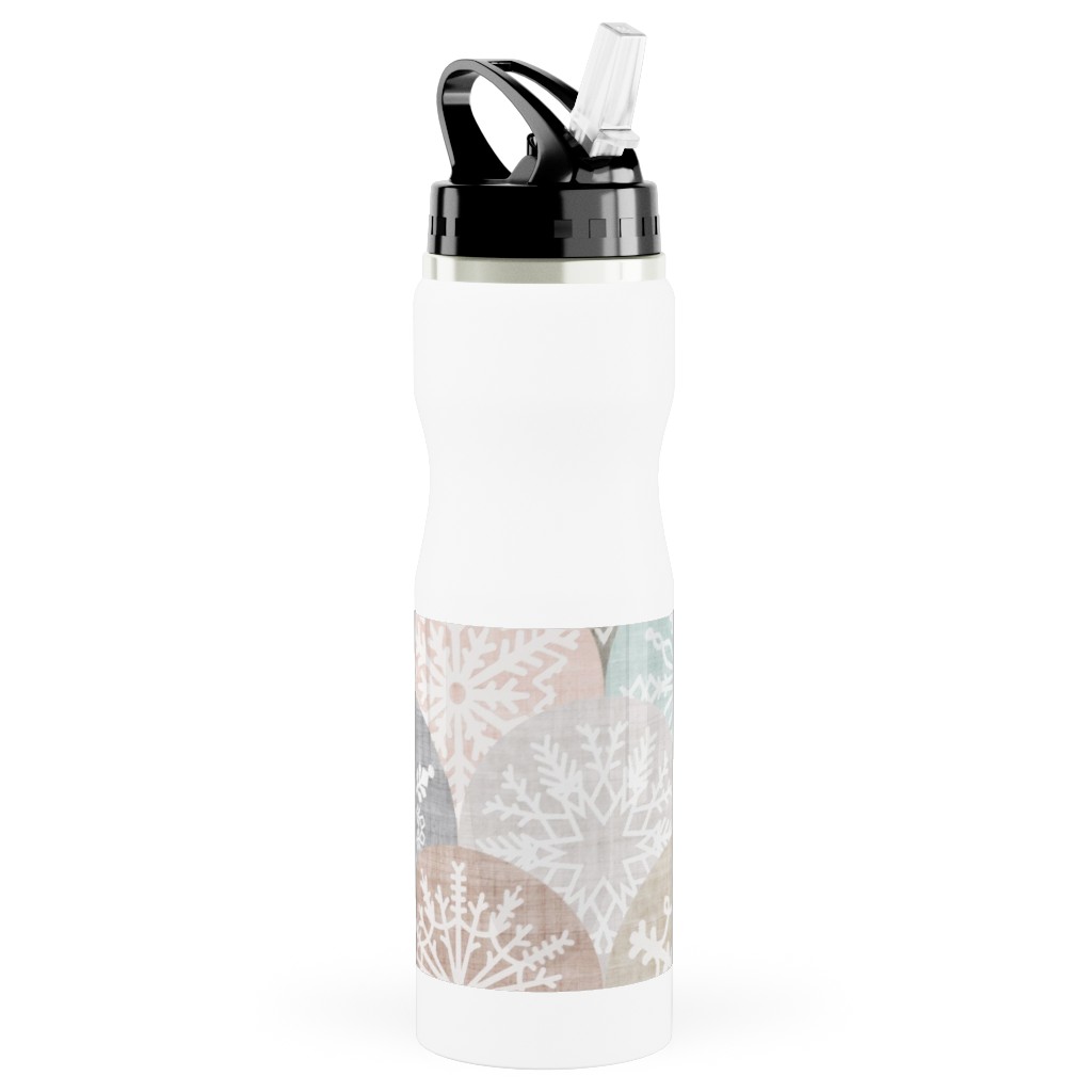 Winter Snowflake Scales - Neutral Stainless Steel Water Bottle with Straw, 25oz, With Straw, Beige, Pearl
