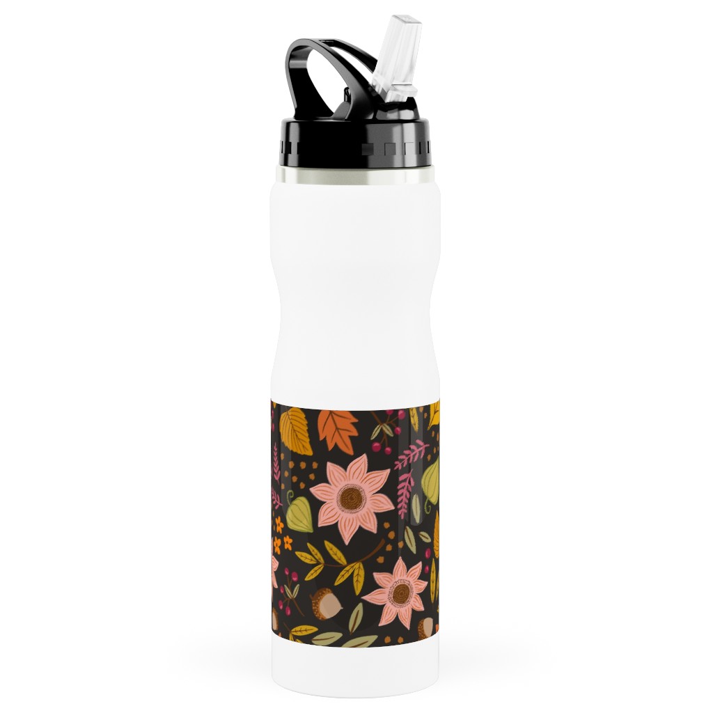 Autumn Floral - Dark Stainless Steel Water Bottle with Straw, 25oz, With Straw, Multicolor