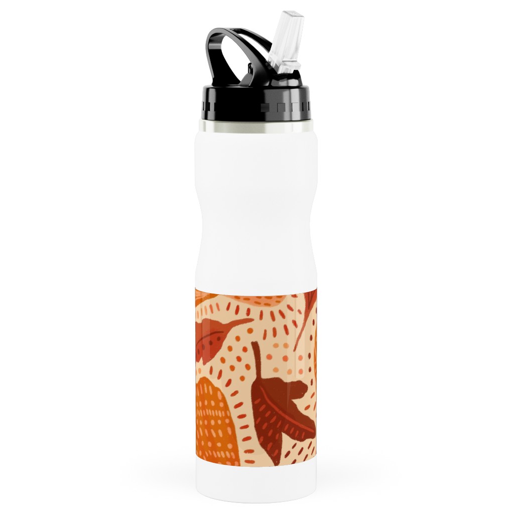Autumn Mushrooms and Fallen Leaves Stainless Steel Water Bottle with Straw, 25oz, With Straw, Orange