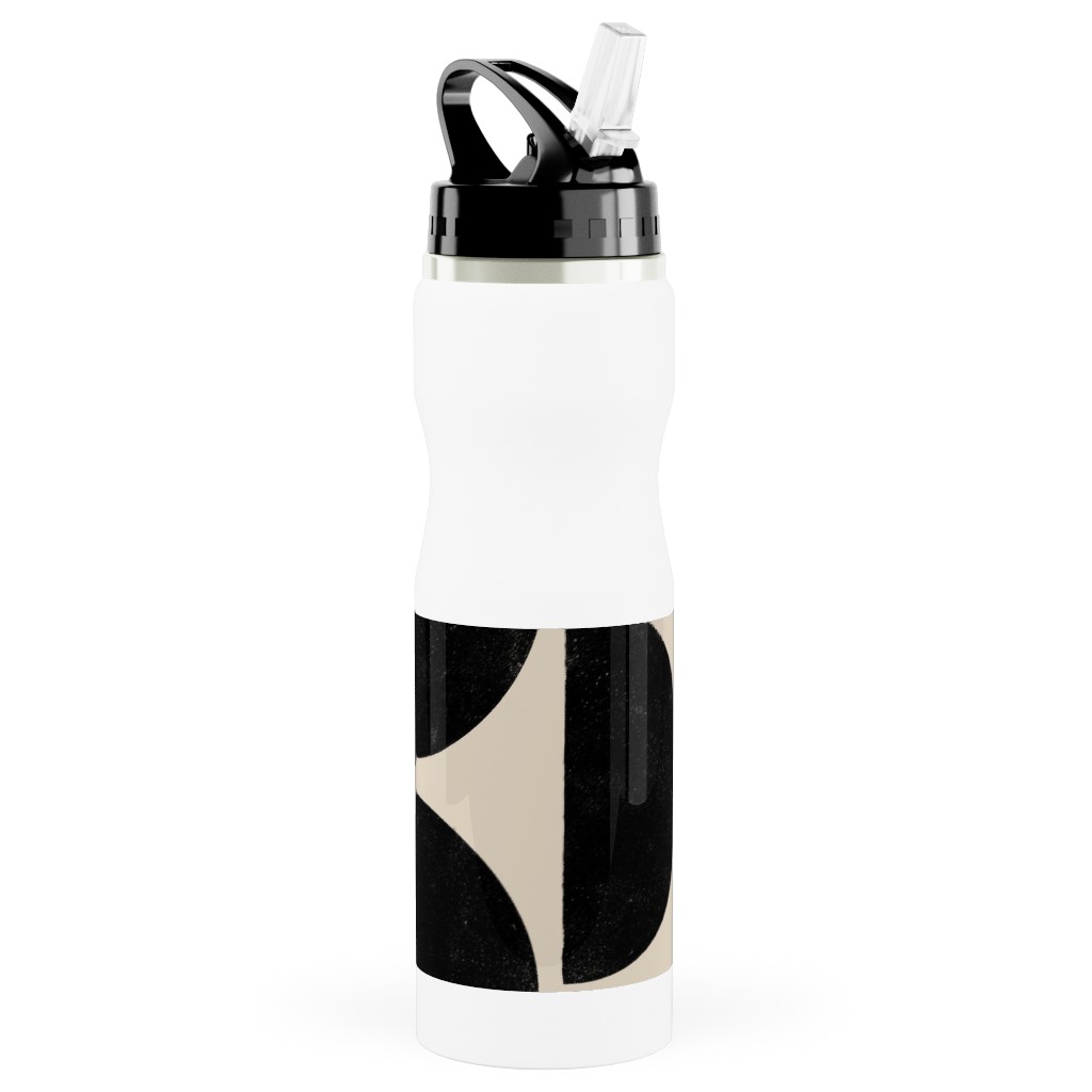 Half Moons - Black and Cream Stainless Steel Water Bottle with Straw, 25oz, With Straw, Beige