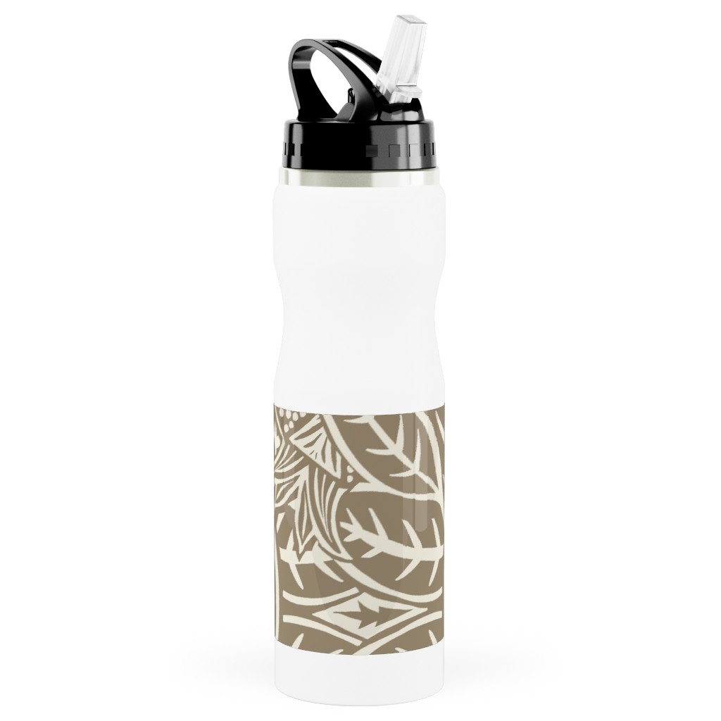 Pomegranate Block Print - Neutral Stainless Steel Water Bottle with Straw, 25oz, With Straw, Brown, Brown