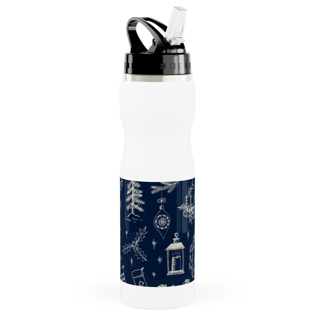 Christmas Toile - Starry Night Stainless Steel Water Bottle with Straw, 25oz, With Straw, Blue, True Blue