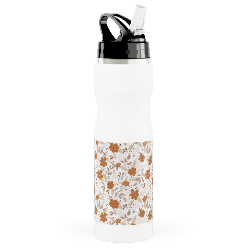 Fall Floral Stainless Steel Water Bottle with Straw, 25oz, With Straw, Orange