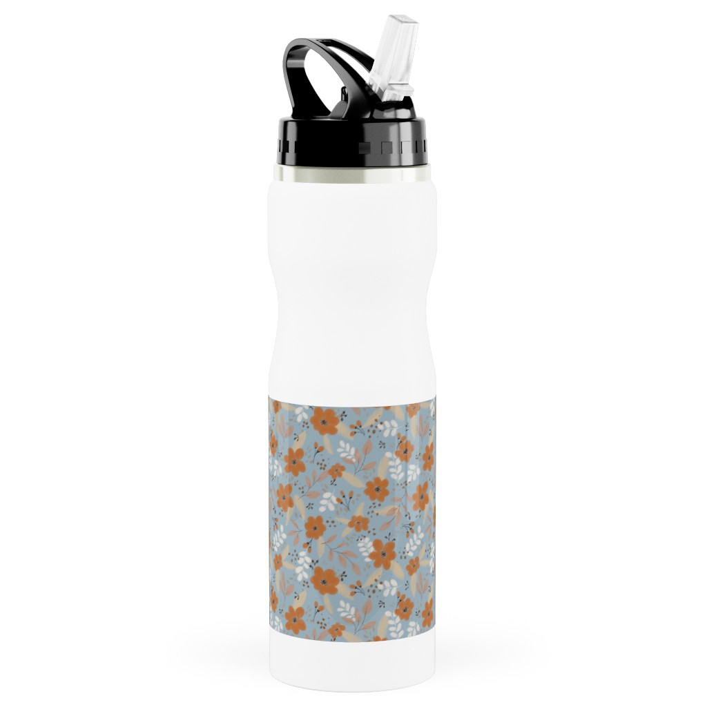 Fall Floral Stainless Steel Water Bottle with Straw, 25oz, With Straw, Blue