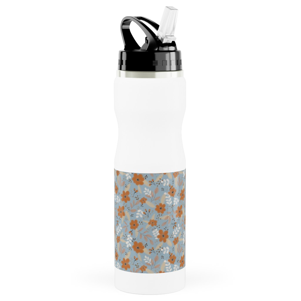 Fall Floral Stainless Steel Water Bottle with Straw, 25oz, With Straw, Blue, Cool Gray