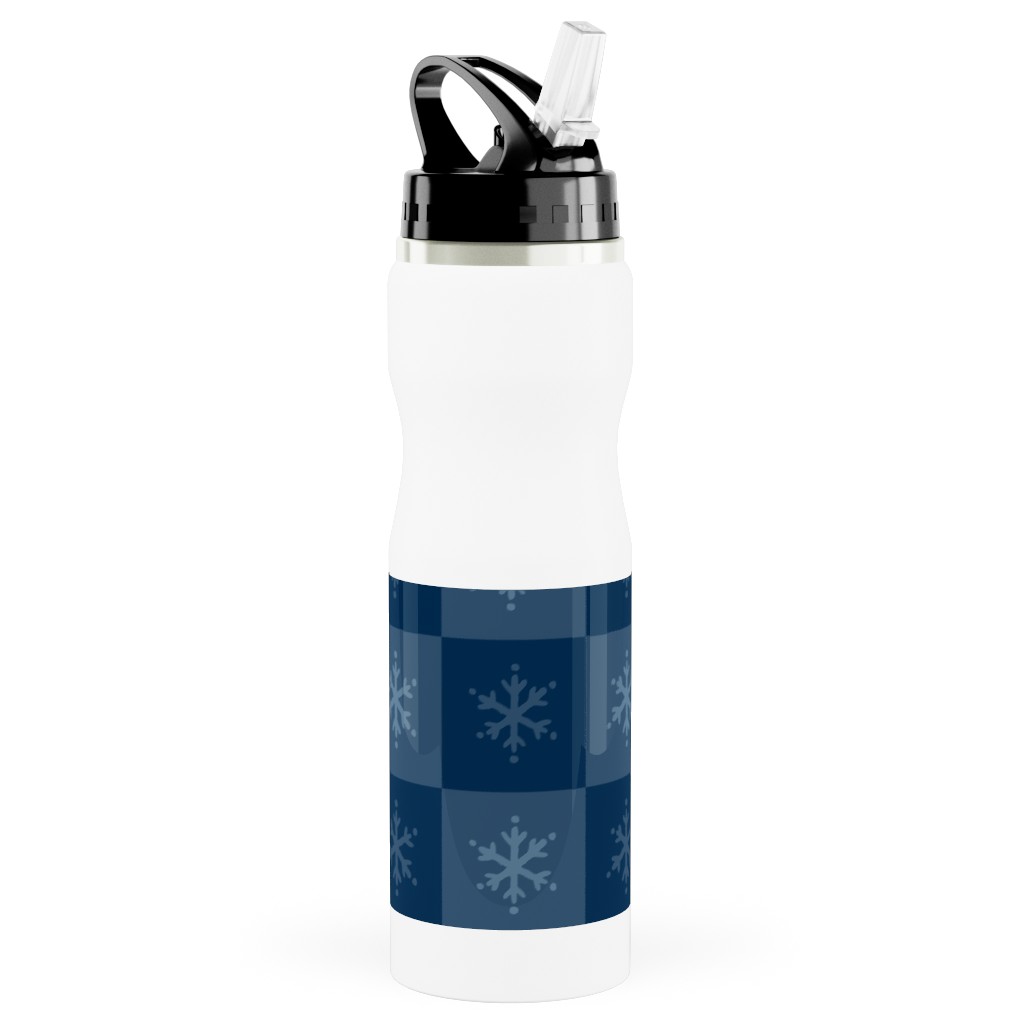 Scandi Cozy Winter Checkered Blue Snowflake Stainless Steel Water Bottle with Straw, 25oz, With Straw, Blue