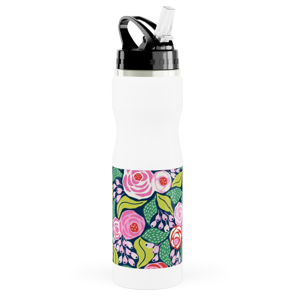 Colourful Papercut Roses - Pink on Dark Blue Stainless Steel Water Bottle with Straw, 25oz, With Straw, Pink