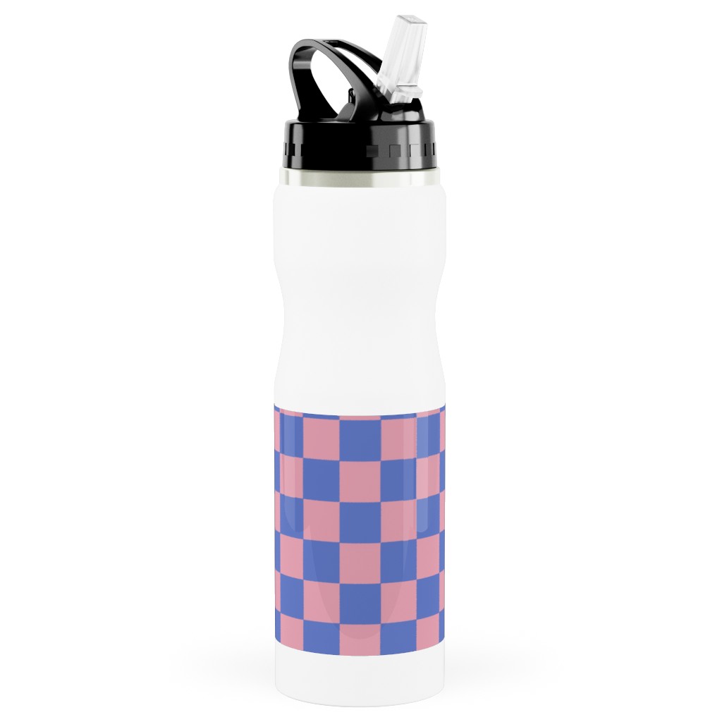 Fun Checkers - Pink and Purple Stainless Steel Water Bottle with Straw, 25oz, With Straw, Pink