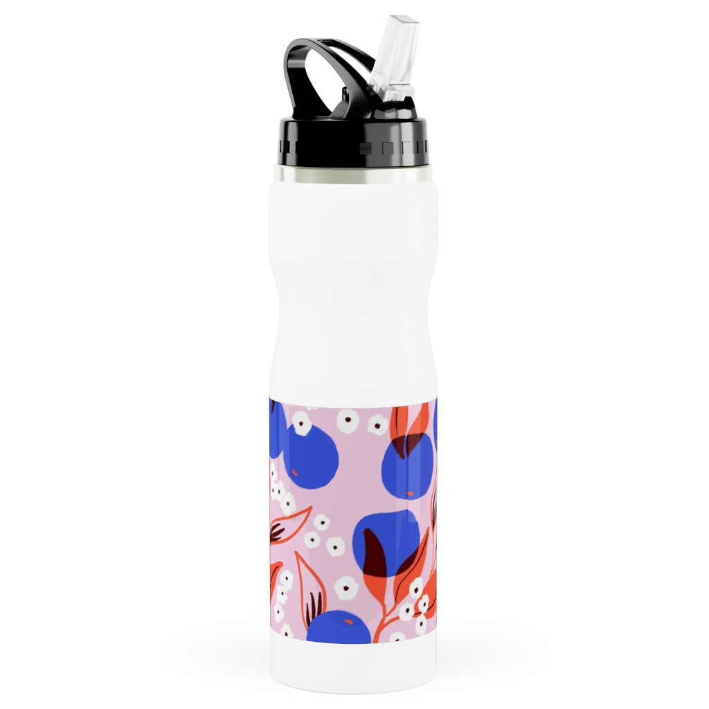 Abstract Fruits and Flowers - Multi Stainless Steel Water Bottle with Straw, 25oz, With Straw, Multicolor