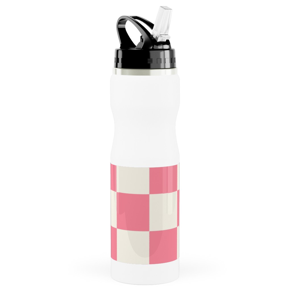 Checkered Pattern - Pink Stainless Steel Water Bottle with Straw, 25oz, With Straw, Pink