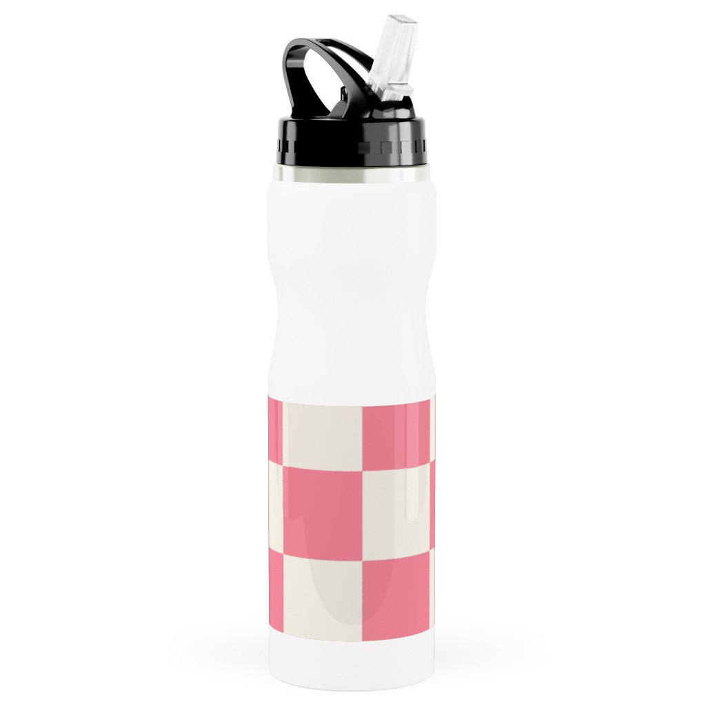 Checkered Pattern - Pink Stainless Steel Water Bottle with Straw, 25oz, With Straw, Pink, Bright Pink